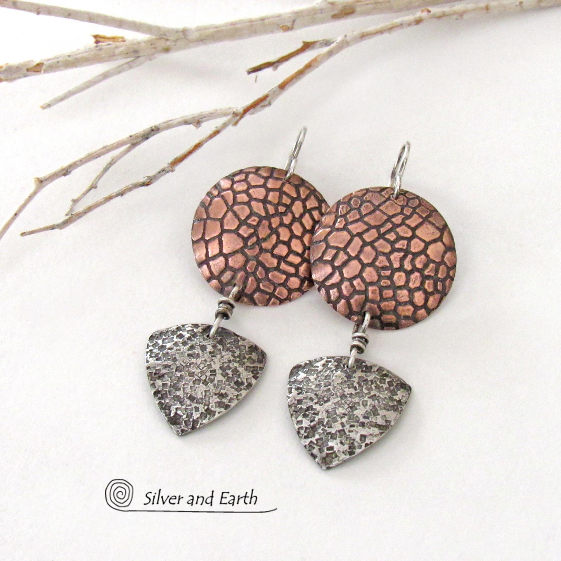 Textured Mixed Metal Copper and Sterling Silver Earrings - Modern Contemporary Artisan Handcrafted Jewelry