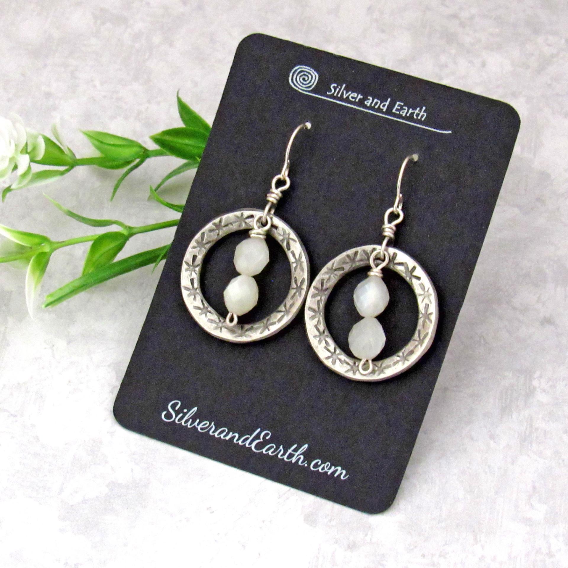 Faceted White Moonstone Silver Pewter Hoop Earrings - Modern Elegant Chic Gemstone Jewelry