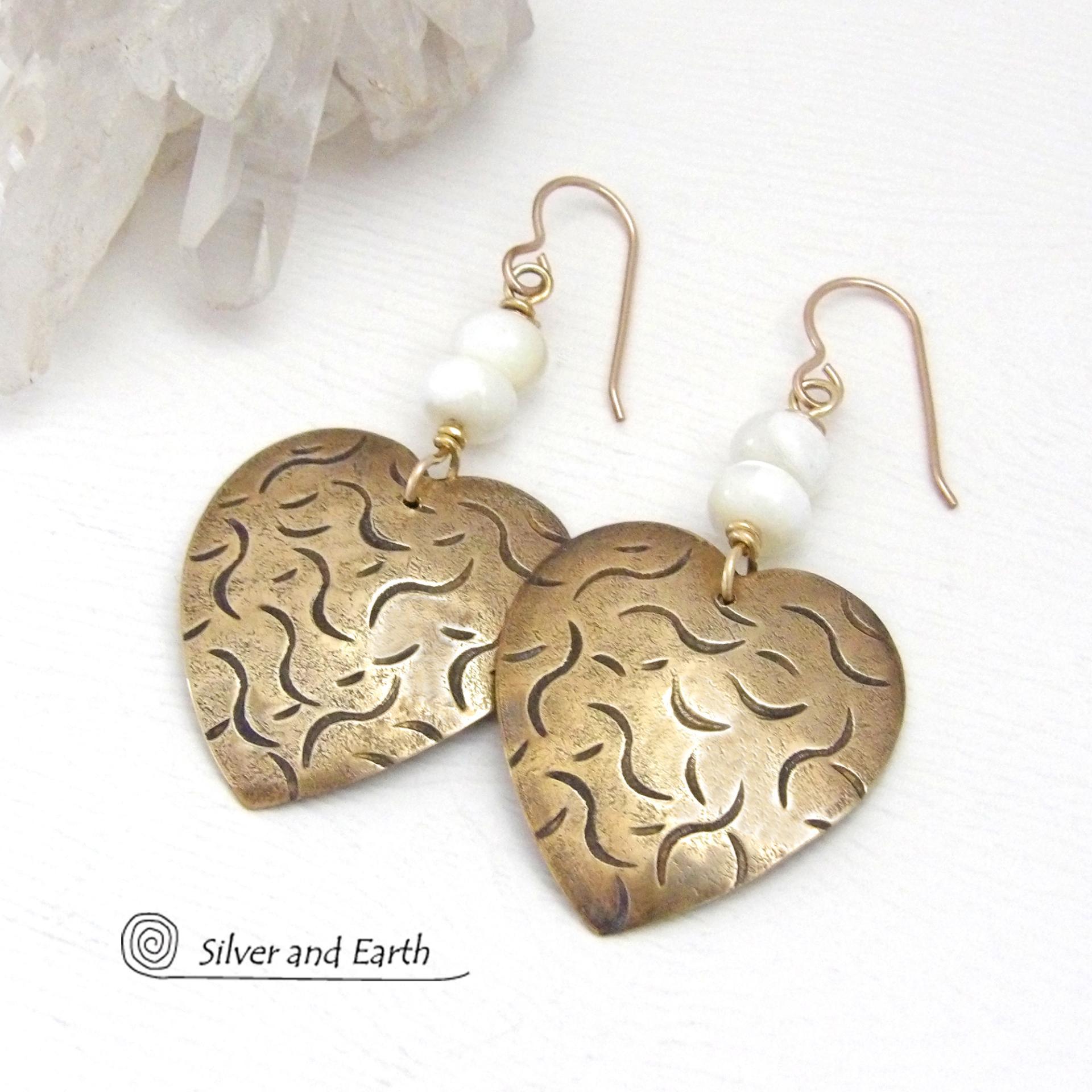 Gold Brass Heart Earrings with Mother of Pearl - Anniversary Jewelry Gifts for Women