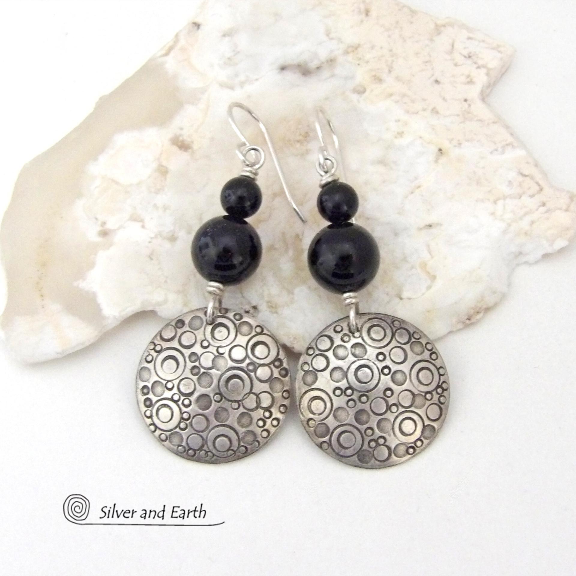 Sterling Silver Earrings with Black Onyx Stones - Unique Modern Silver Jewelry