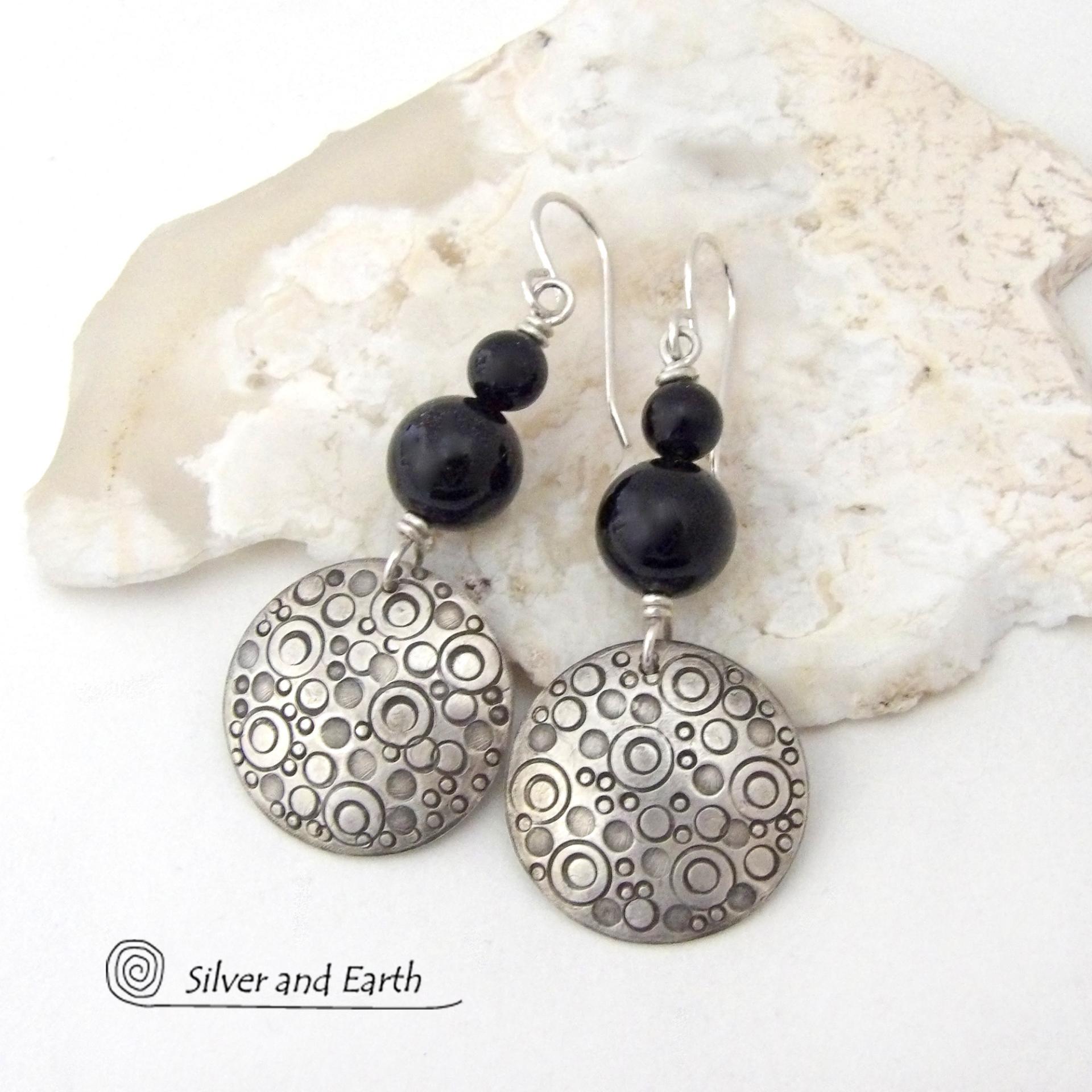Sterling Silver Earrings with Black Onyx Stones - Unique Modern Silver Jewelry