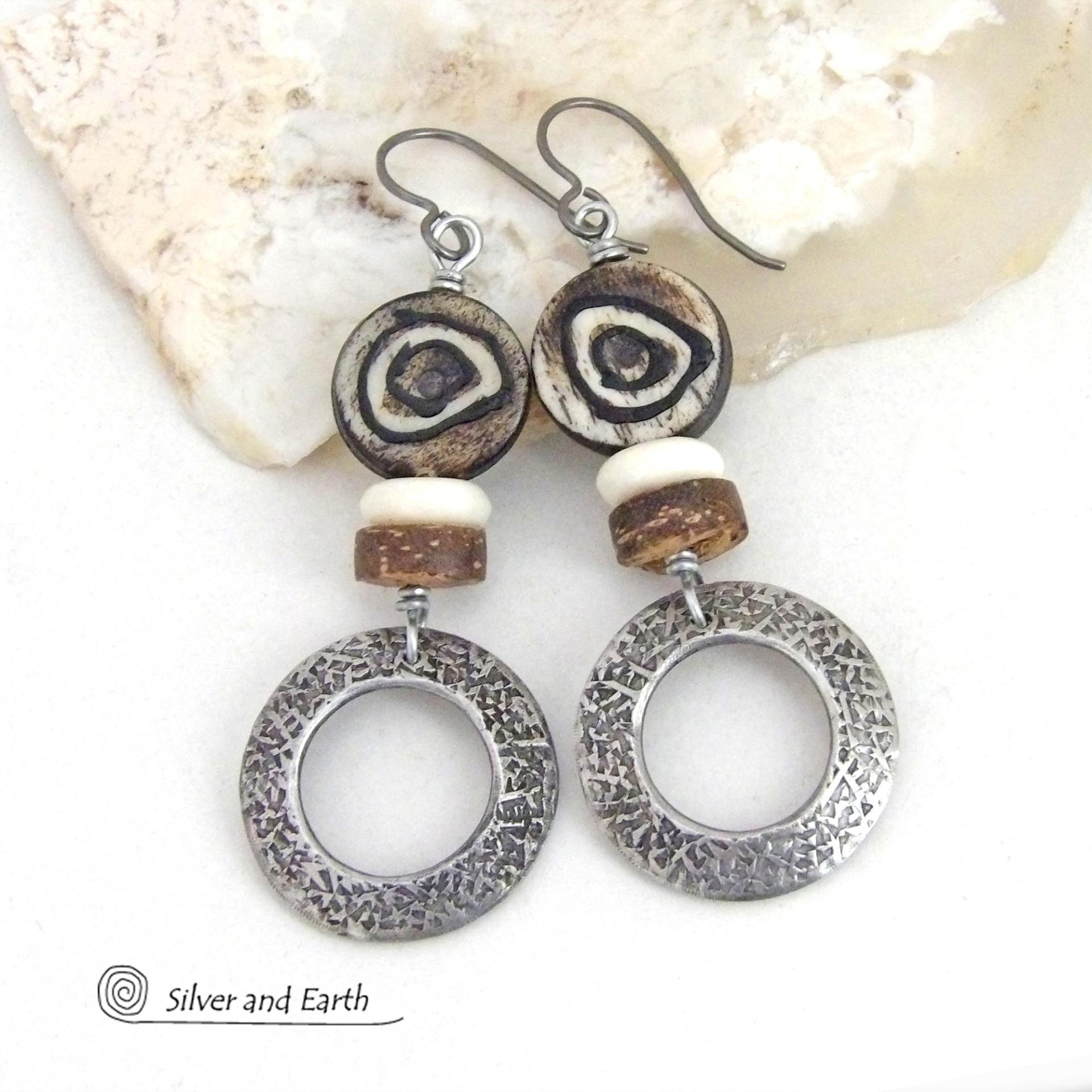 Silver Pewter Hoop Earrings with African Batik Bone Beads - Earthy Bold Ethnic African Tribal Inspired Jewelry