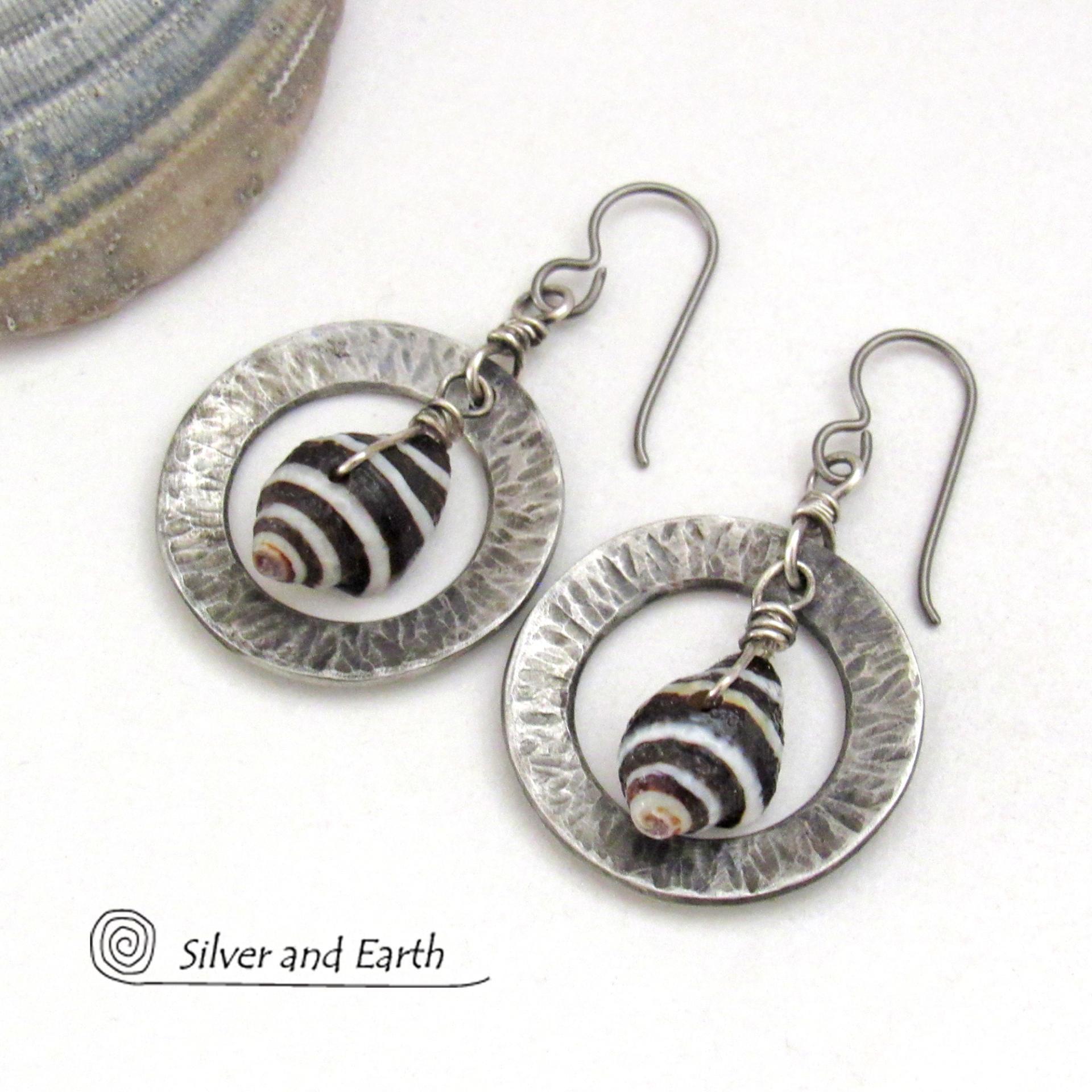 Silver Pewter Circle Hoop Earrings with Black and White Seashells - Artisan Handmade Earthy Natural Sea Shell Jewelry