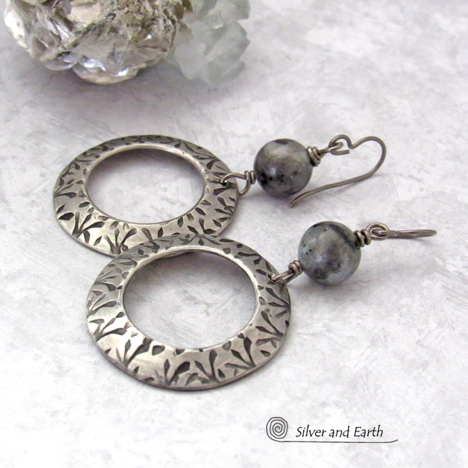 Big Round Silver Pewter Hoop Earrings with Larvikite Gemstones - Black Labradorite Norwegian Moonstone Jewelry