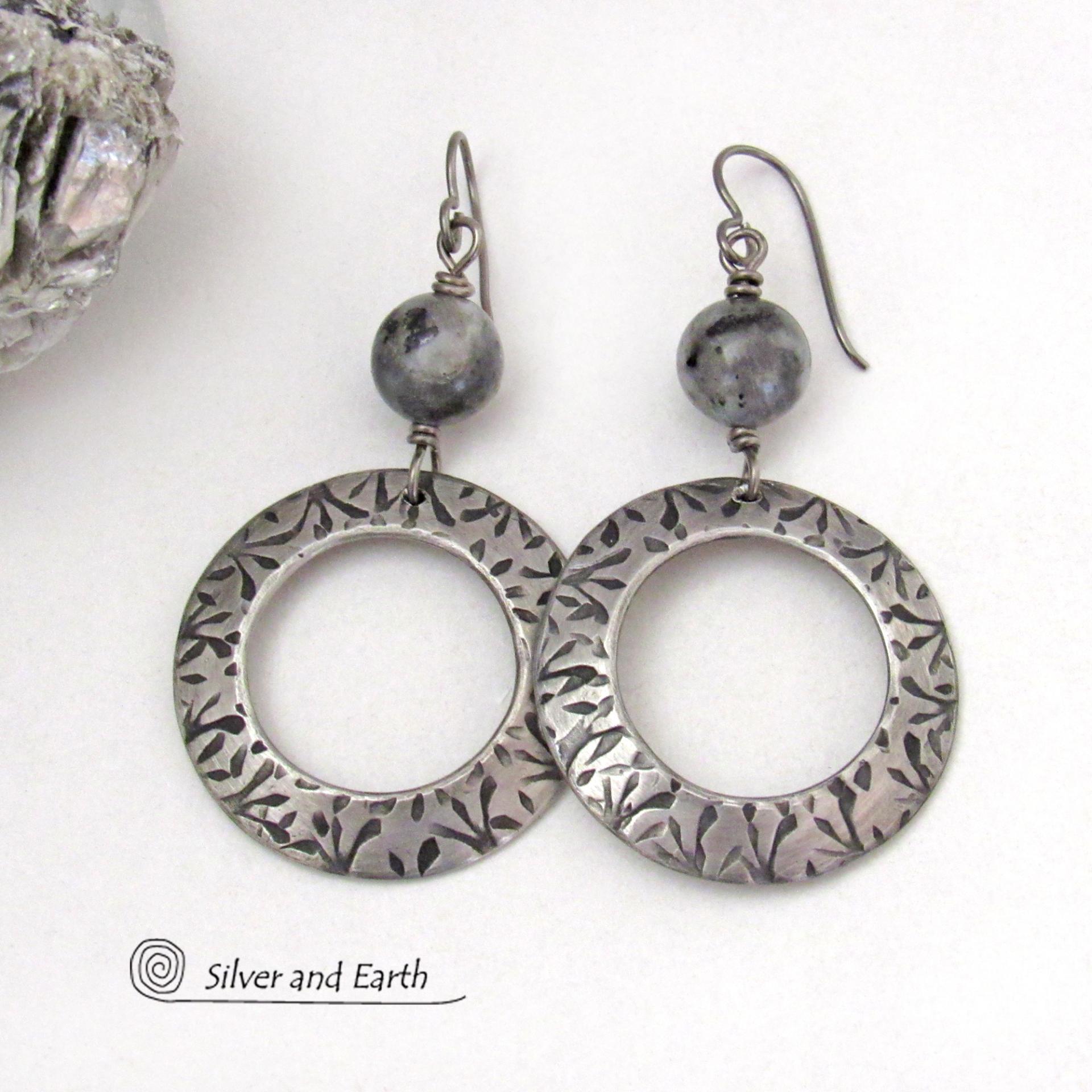 Big Round Silver Pewter Hoop Earrings with Larvikite Gemstones - Black Labradorite Norwegian Moonstone Jewelry