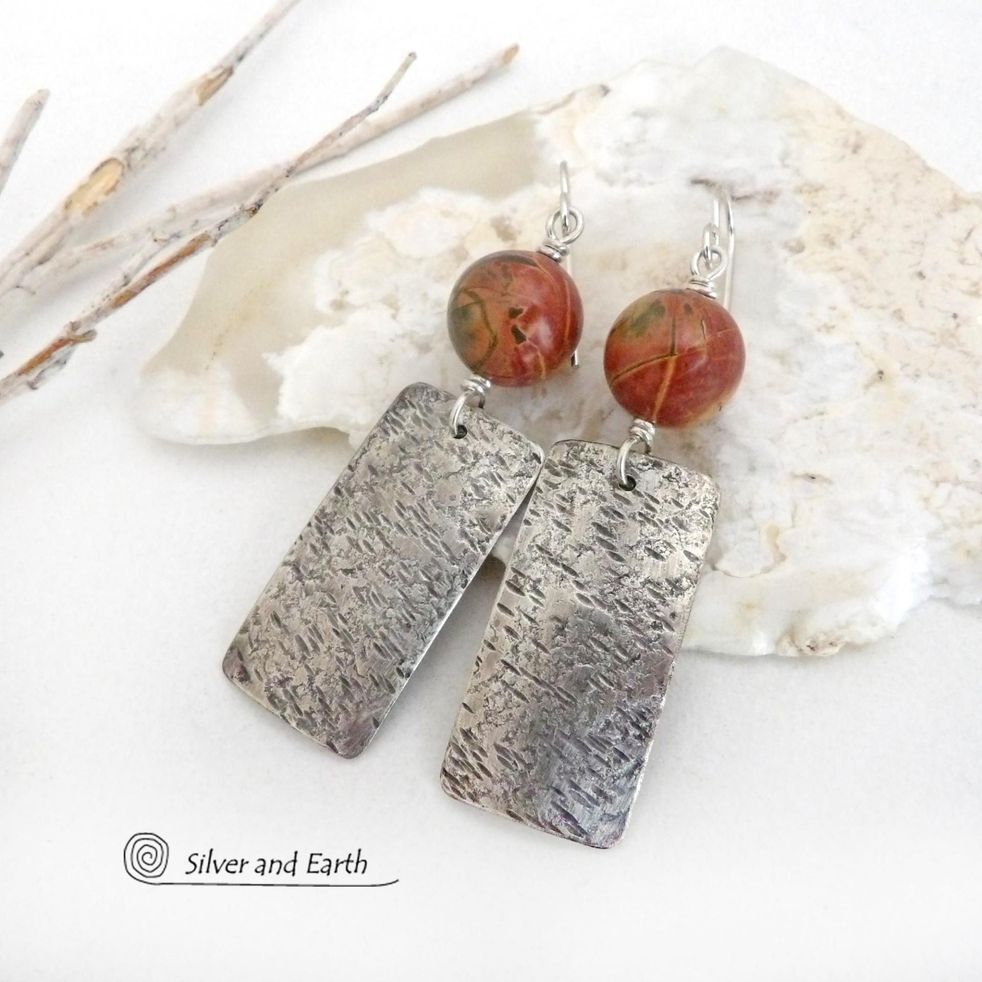 Textured Sterling Silver Earrings with Earthy Natural Red Creek Jasper Stones