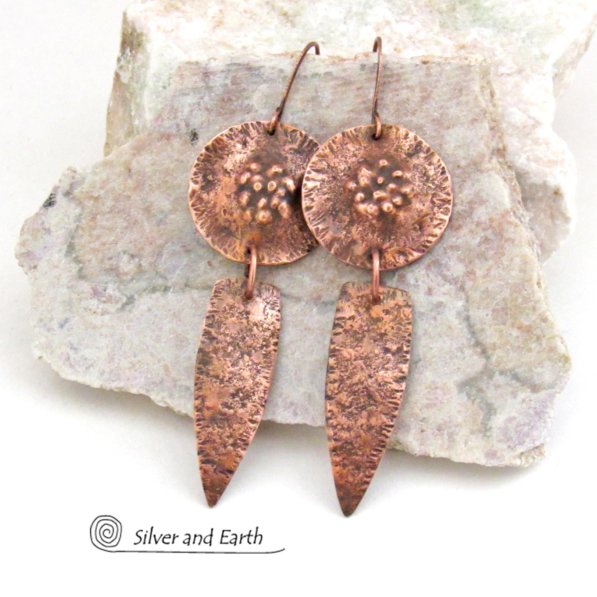 Rustic Hammered Solid Copper Dangle Earrings - Artisan Handmade Bold Rustic Hand Forged Metal Jewelry