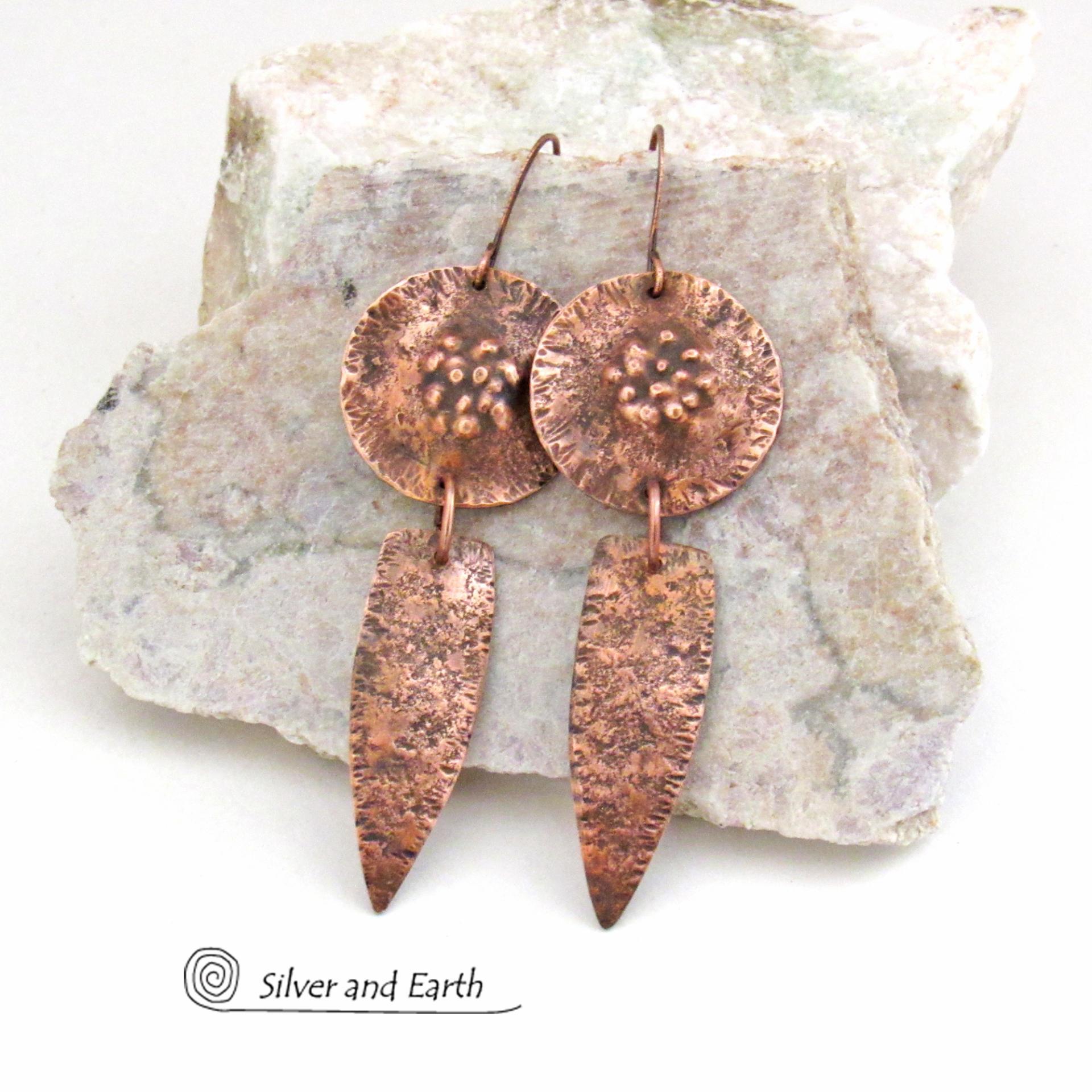 Rustic Hammered Solid Copper Dangle Earrings - Artisan Handmade Bold Rustic Hand Forged Metal Jewelry