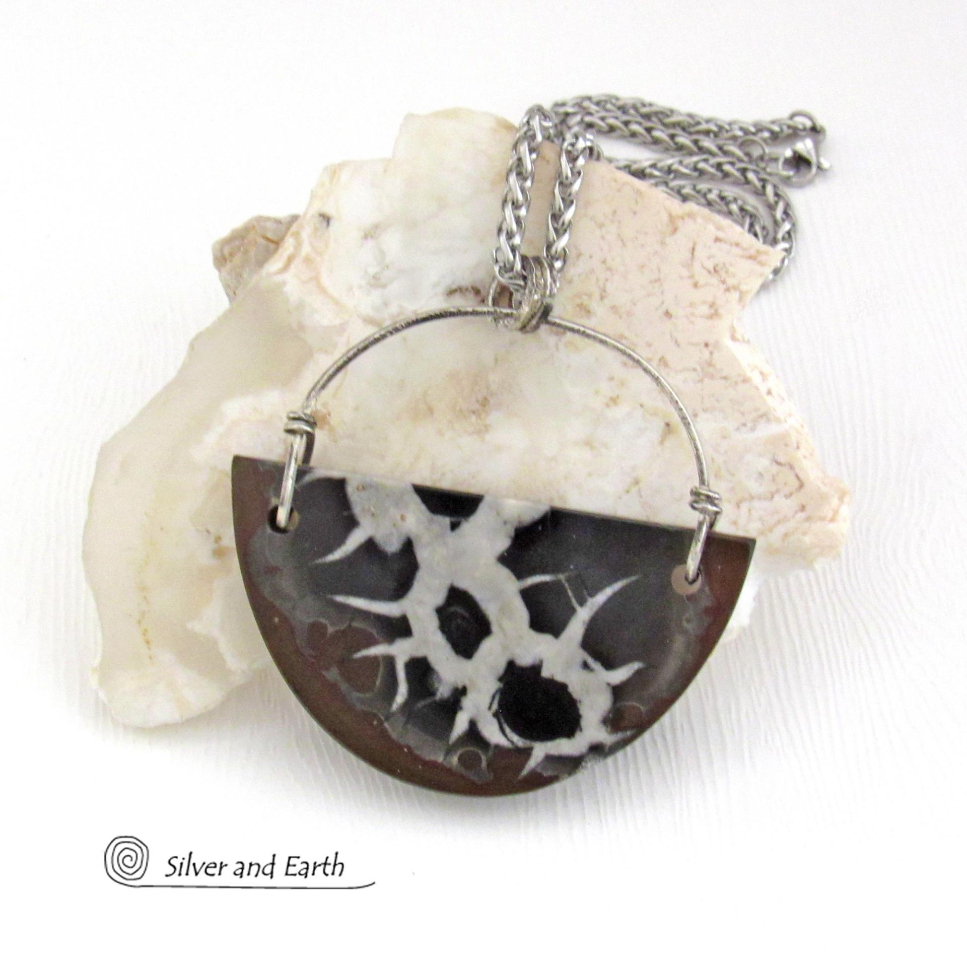 Septarian Fossil Stone Pendant Necklace - Ancient Natural Fossil Jewelry for Men and Women
