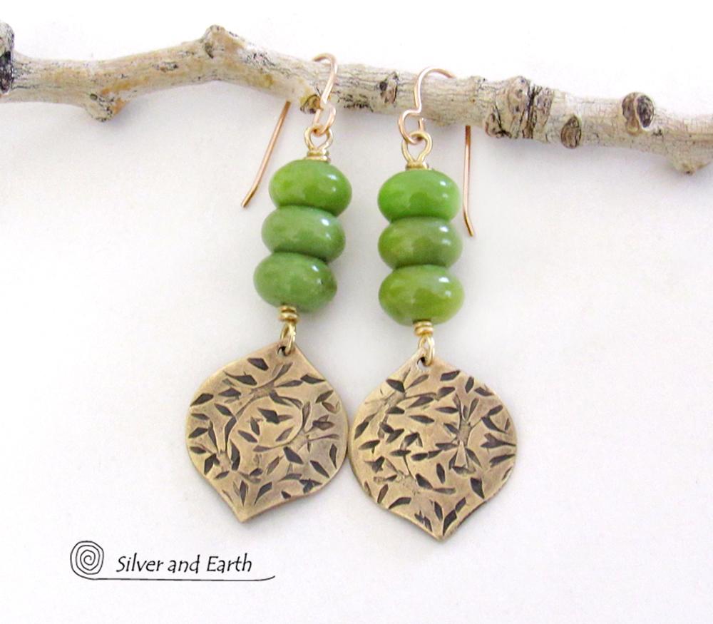 Hand Stamped Gold Brass Dangle Earrings with Green Serpentine Gemstones - Modern Earthy Chic Natural Stone Jewelry