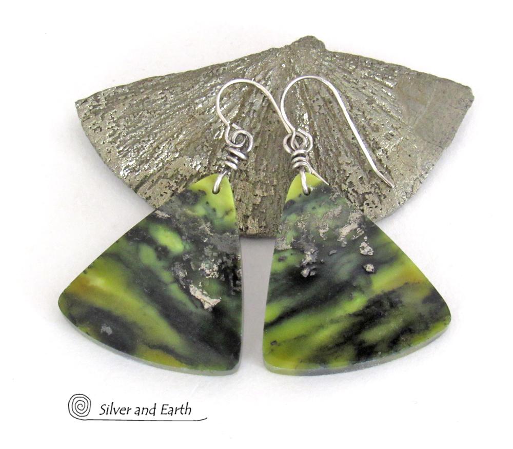 Green Serpentine Gemstone Earrings - One of a Kind Earthy Natural Stone Jewelry
