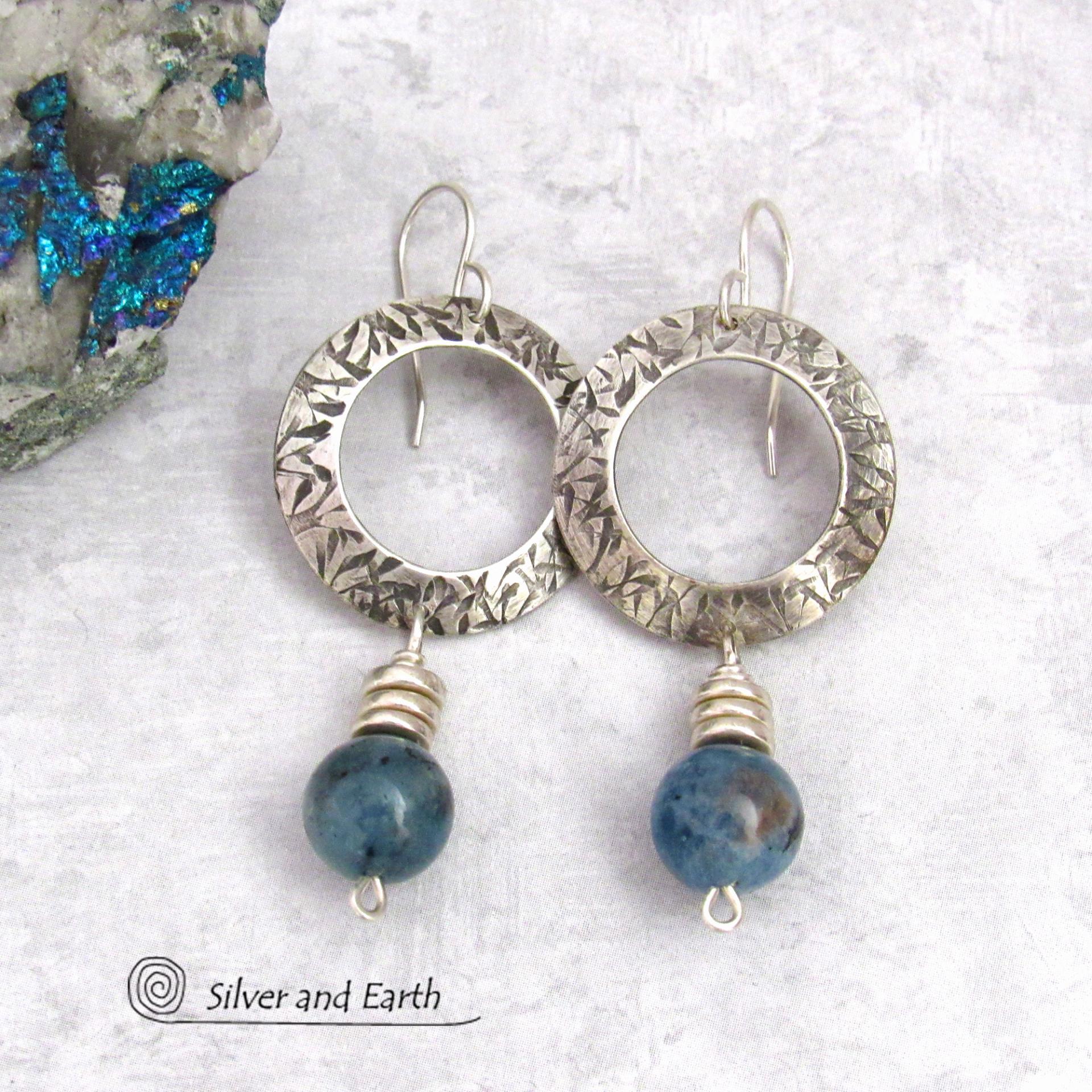 Sterling Silver Circle Hoop Earrings with Natural Blue Aquamarine Gemstones - March Birthstone Jewelry