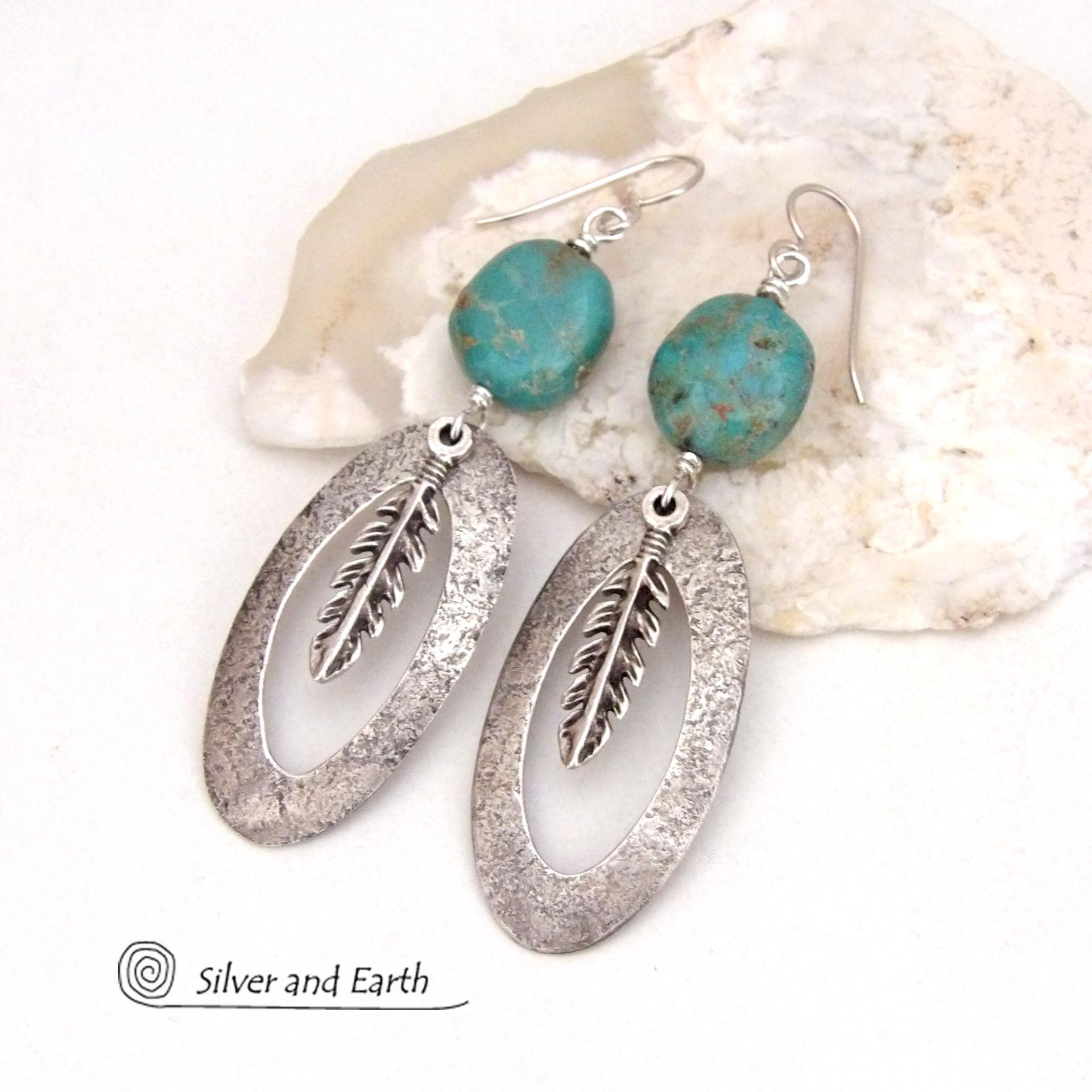 Sterling Silver Long Hoop Dangle Earrings with Turquoise Stones and Feathers - Southwest Style Jewelry