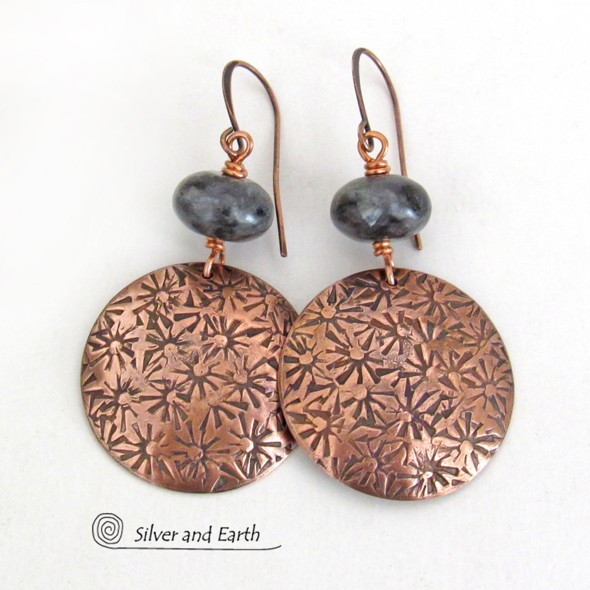 Hand Stamped Copper Earrings with Larvikite Gemstones - Black Labradorite Norwegian Moonstone Jewelry