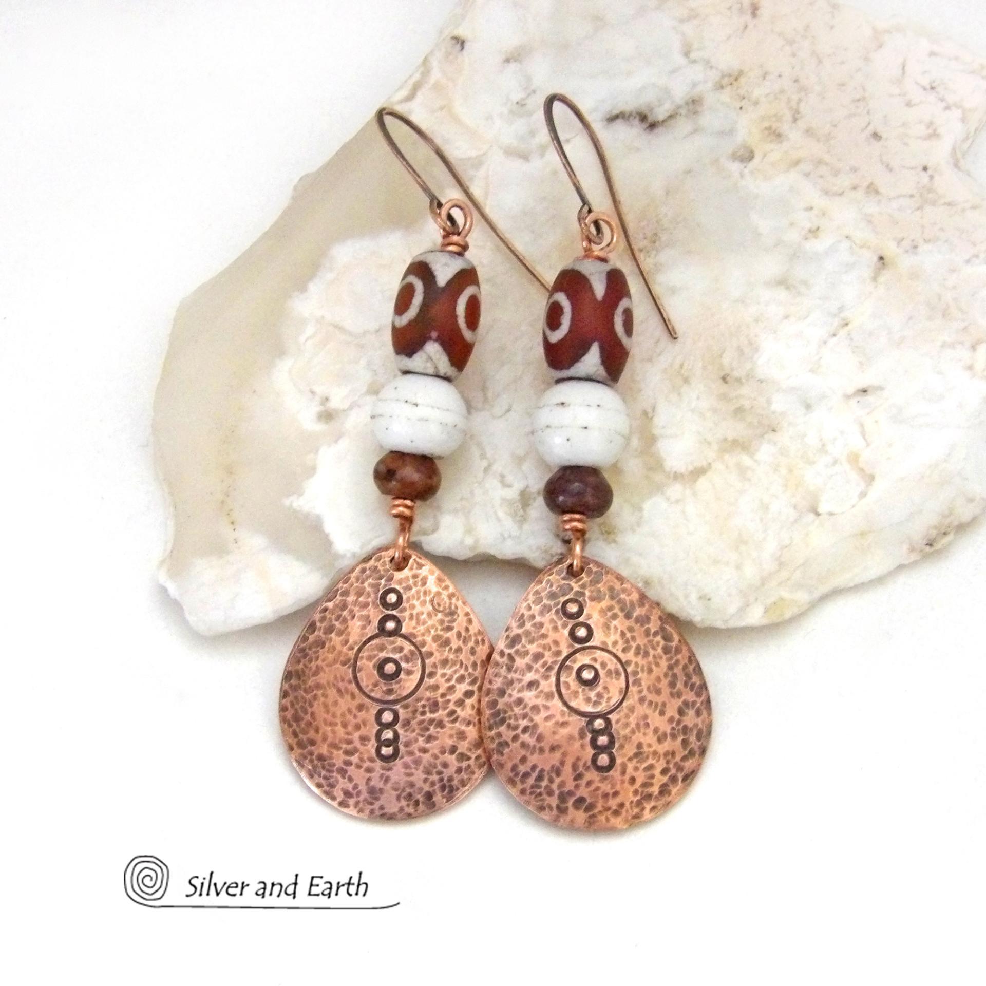 Hand Stamped Copper Dangle Earrings with Etched Tibetan Agate Stones - Unique Boho Chic Jewelry