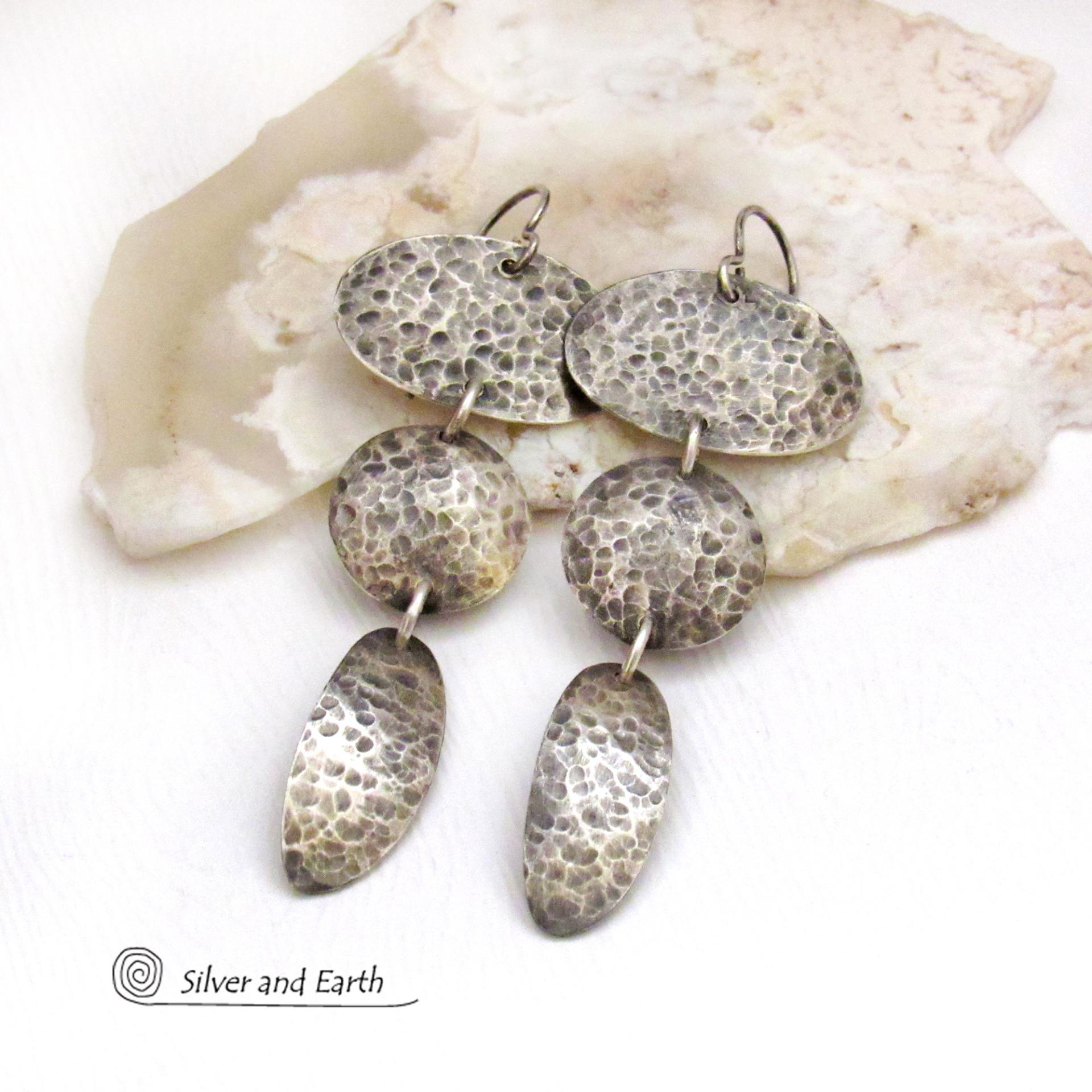 Hammered Sterling Silver Triple Dangle Earrings - Contemporary Modernist Artisan Jewelry
