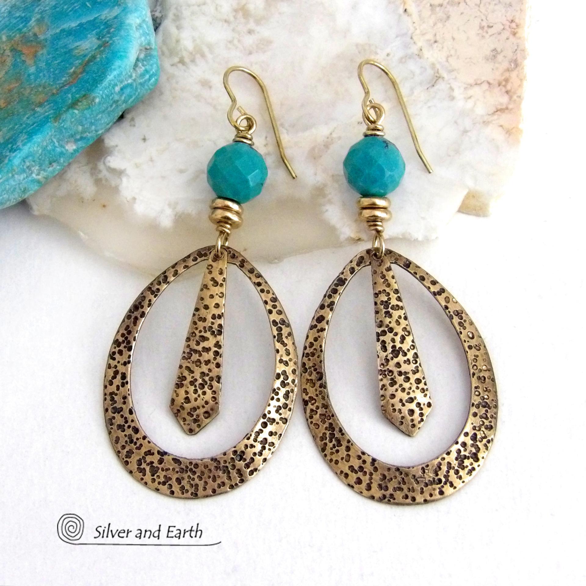 These handcrafted gold brass hoop earrings have a hand stamped texture and are accented with beautiful genuine turquoise gemstones with a faceted finish and small brass beads. They have an exotic boho chic design with an Egyptian inspired vibe and flair. Suitable for any occasion - they'll look great dressed up or down. Perfect for women that love to wear artisan handcrafted jewelry that makes a bold statement. Earrings are lightweight and comfortable to wear. Handmade in the USA by Silver and Earth Jewelry