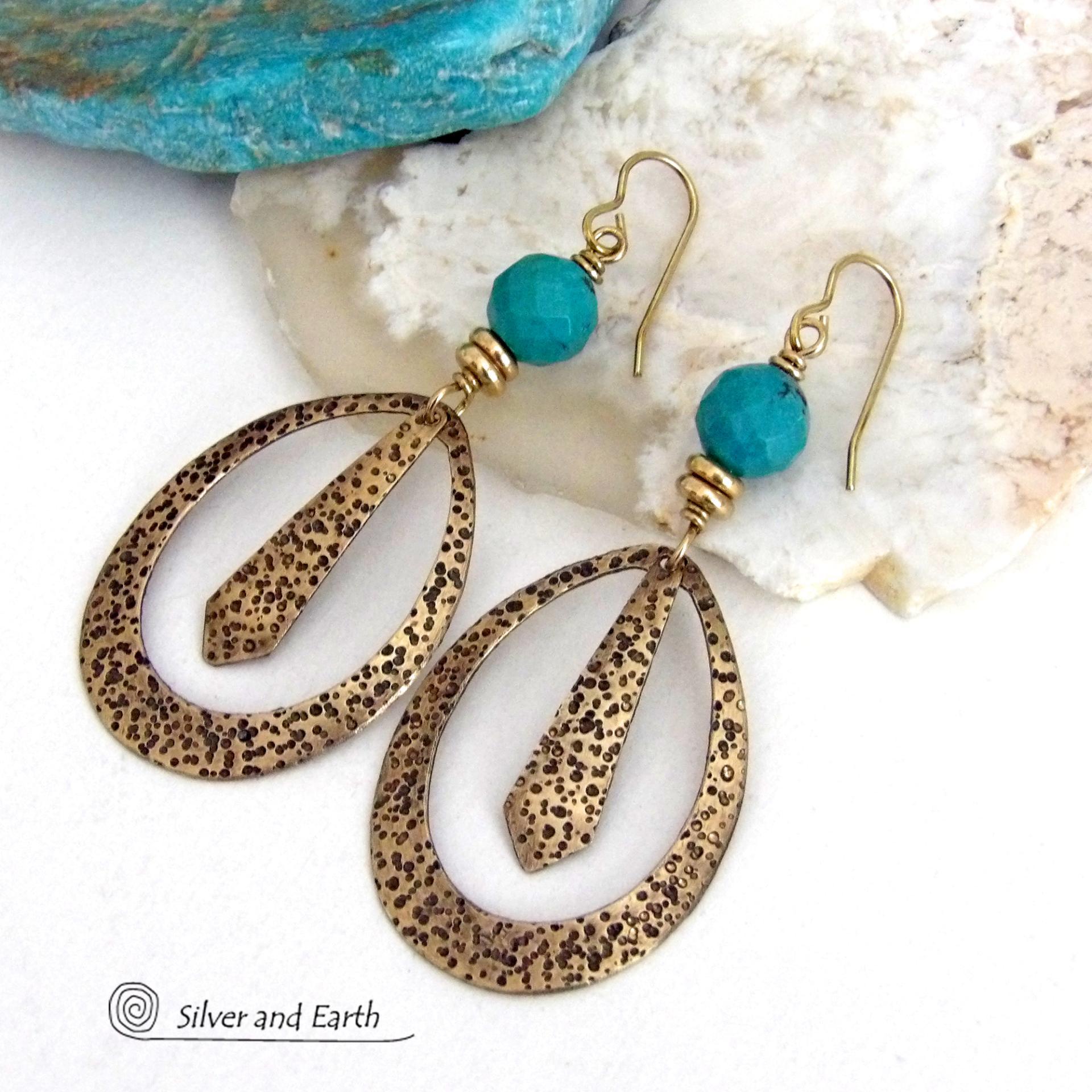 These handcrafted gold brass hoop earrings have a hand stamped texture and are accented with beautiful genuine turquoise gemstones with a faceted finish and small brass beads. They have an exotic boho chic design with an Egyptian inspired vibe and flair. Suitable for any occasion - they'll look great dressed up or down. Perfect for women that love to wear artisan handcrafted jewelry that makes a bold statement. Earrings are lightweight and comfortable to wear. Handmade in the USA by Silver and Earth Jewelry