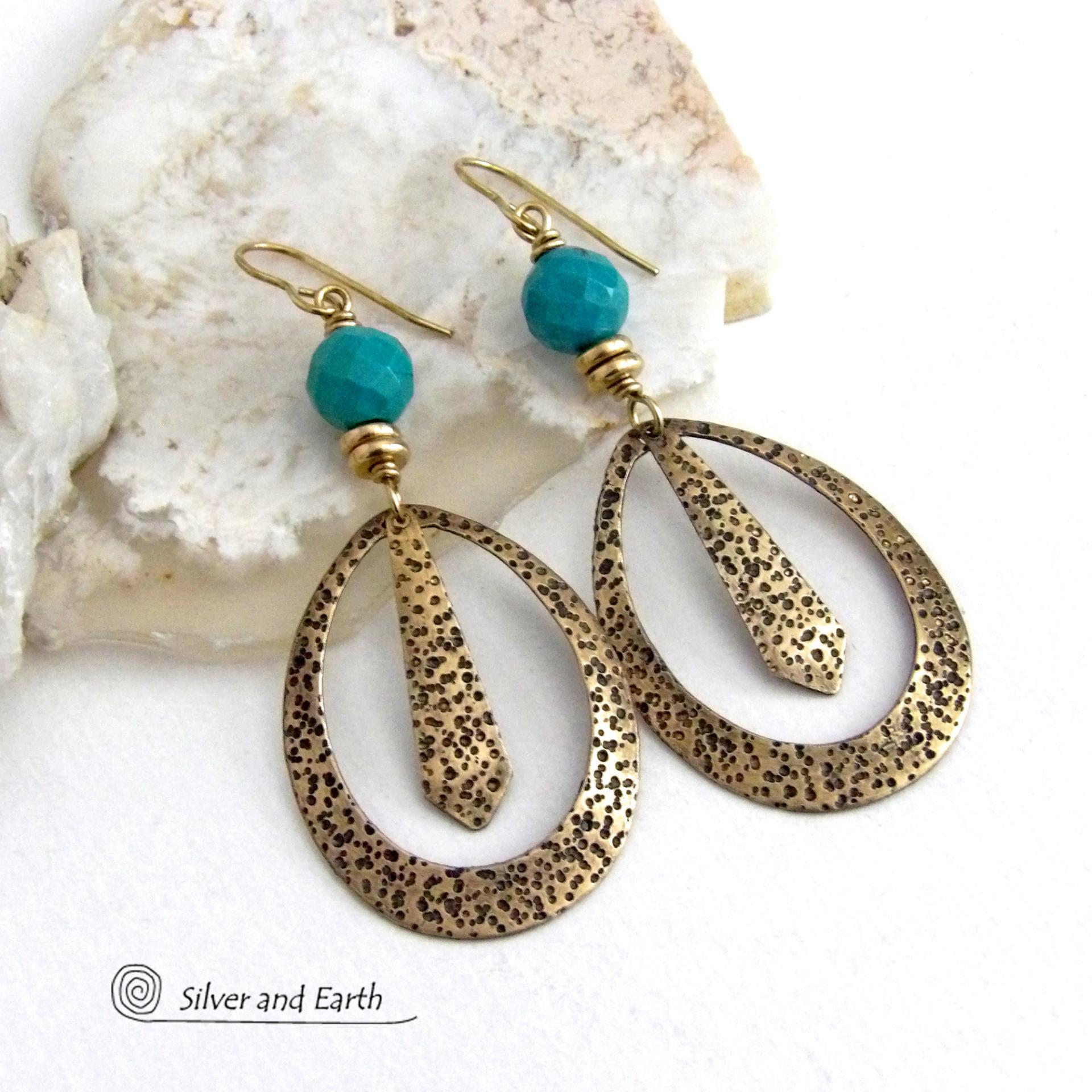 These handcrafted gold brass hoop earrings have a hand stamped texture and are accented with beautiful genuine turquoise gemstones with a faceted finish and small brass beads. They have an exotic boho chic design with an Egyptian inspired vibe and flair. Suitable for any occasion - they'll look great dressed up or down. Perfect for women that love to wear artisan handcrafted jewelry that makes a bold statement. Earrings are lightweight and comfortable to wear. Handmade in the USA by Silver and Earth Jewelry