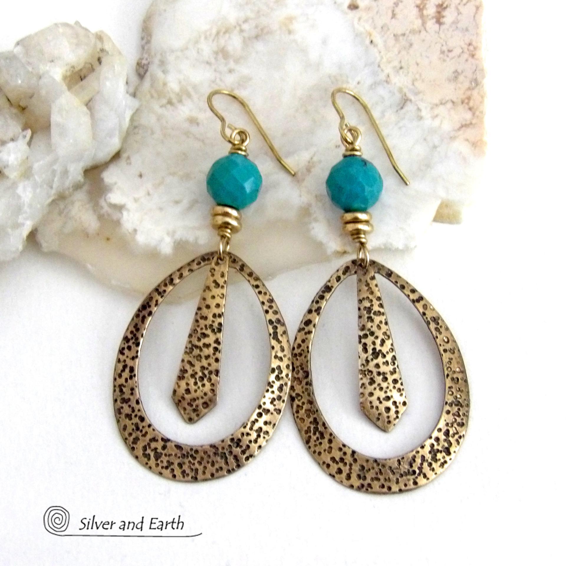 These handcrafted gold brass hoop earrings have a hand stamped texture and are accented with beautiful genuine turquoise gemstones with a faceted finish and small brass beads. They have an exotic boho chic design with an Egyptian inspired vibe and flair. Suitable for any occasion - they'll look great dressed up or down. Perfect for women that love to wear artisan handcrafted jewelry that makes a bold statement. Earrings are lightweight and comfortable to wear. Handmade in the USA by Silver and Earth Jewelry