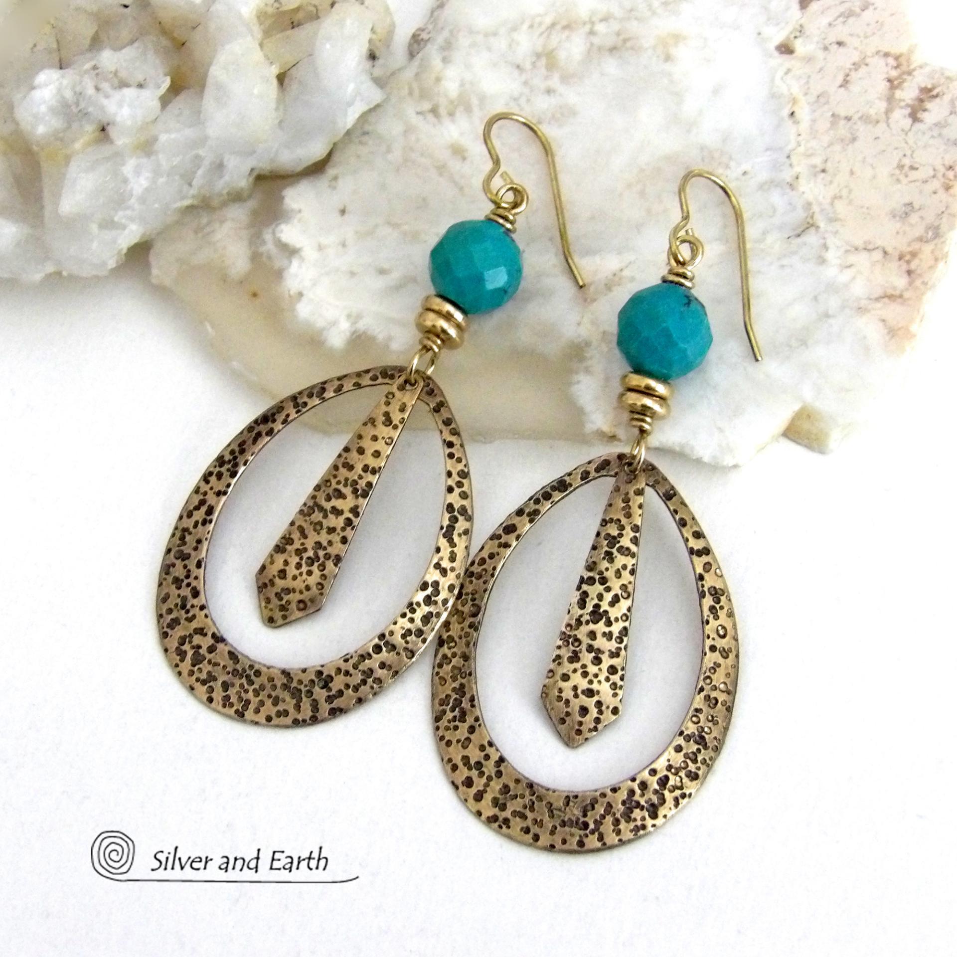 These handcrafted gold brass hoop earrings have a hand stamped texture and are accented with beautiful genuine turquoise gemstones with a faceted finish and small brass beads. They have an exotic boho chic design with an Egyptian inspired vibe and flair. Suitable for any occasion - they'll look great dressed up or down. Perfect for women that love to wear artisan handcrafted jewelry that makes a bold statement. Earrings are lightweight and comfortable to wear. Handmade in the USA by Silver and Earth Jewelry