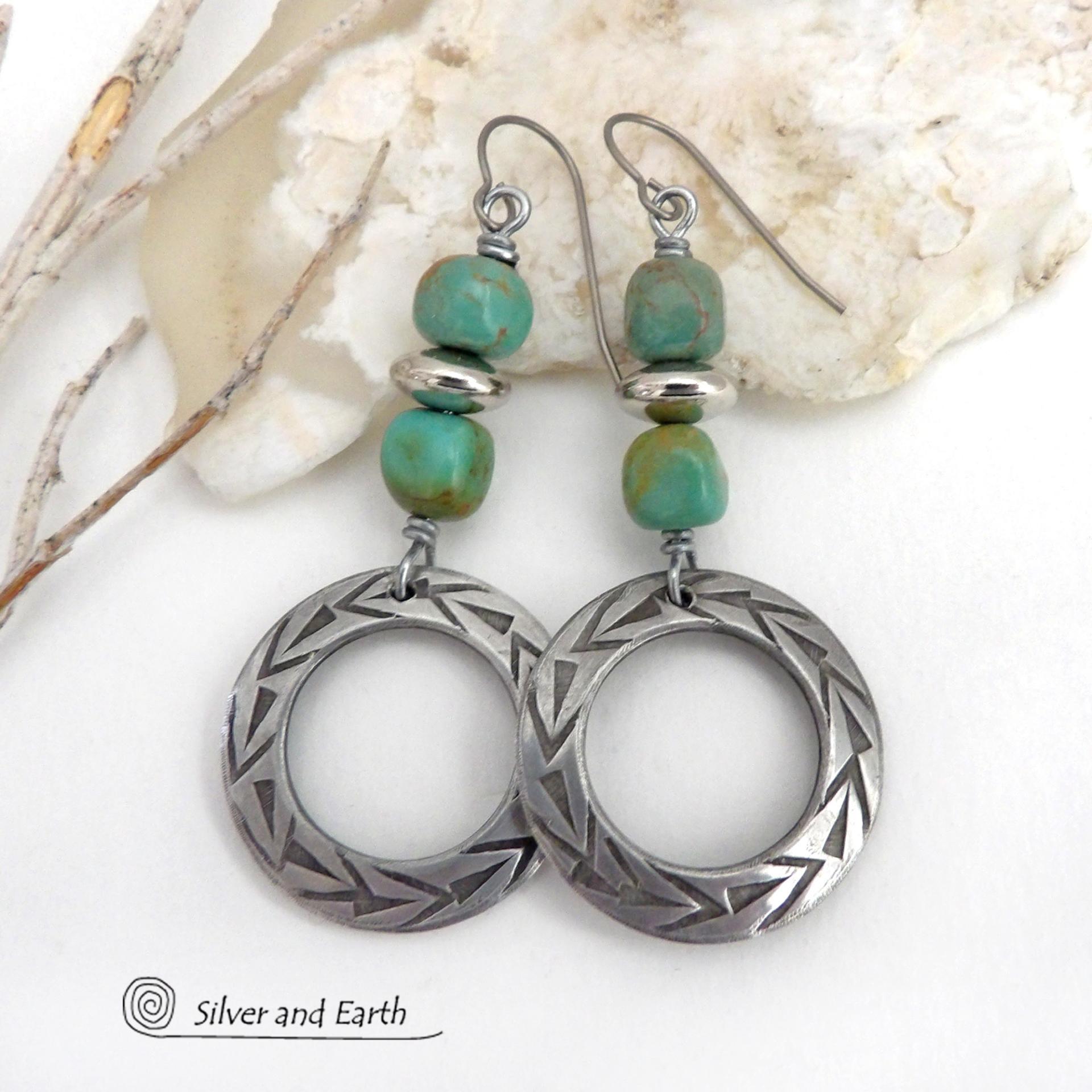 These handcrafted earrings feature silver pewter hoops with a hand stamped texture accented with natural, genuine turquoise stones and silver plated beads. Lightweight and comfortable to wear, they have an earthy modern style with southwest flair that coordinates beautifully with all wardrobe types. Handmade in the USA by Silver and Earth Jewelry, a Certified New Mexico True business.