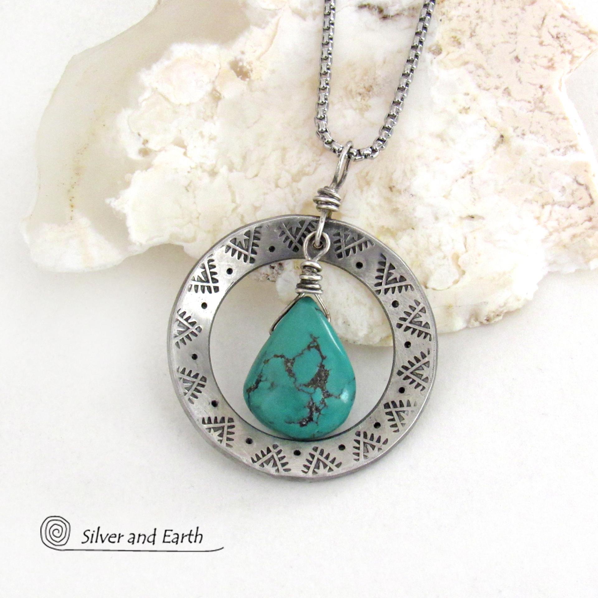 Hand Stamped Silver Pewter Circle Necklace with Natural Turquoise Stone - Southwest Style Jewelry