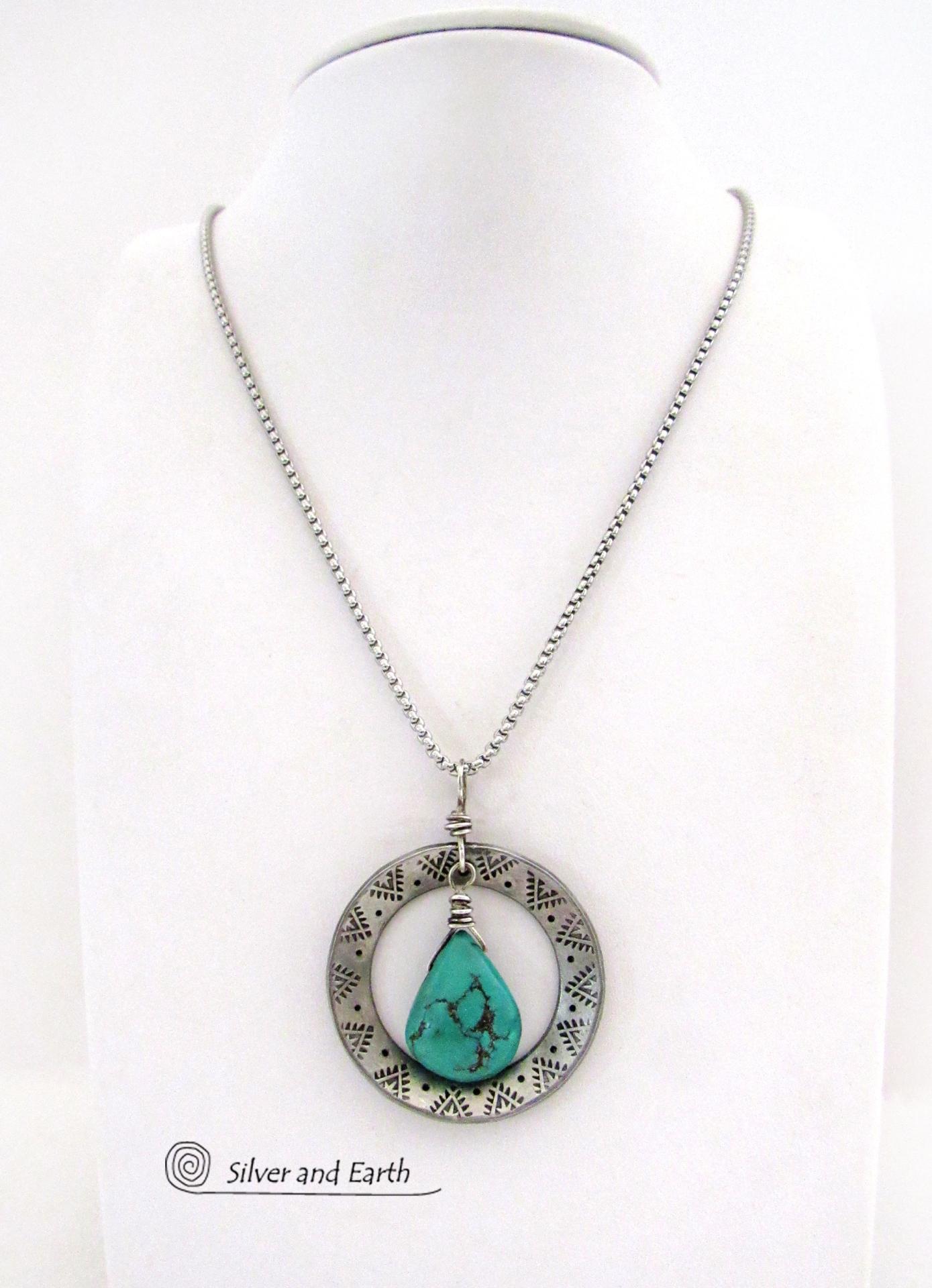 Hand Stamped Silver Pewter Circle Necklace with Natural Turquoise Stone - Southwest Style Jewelry