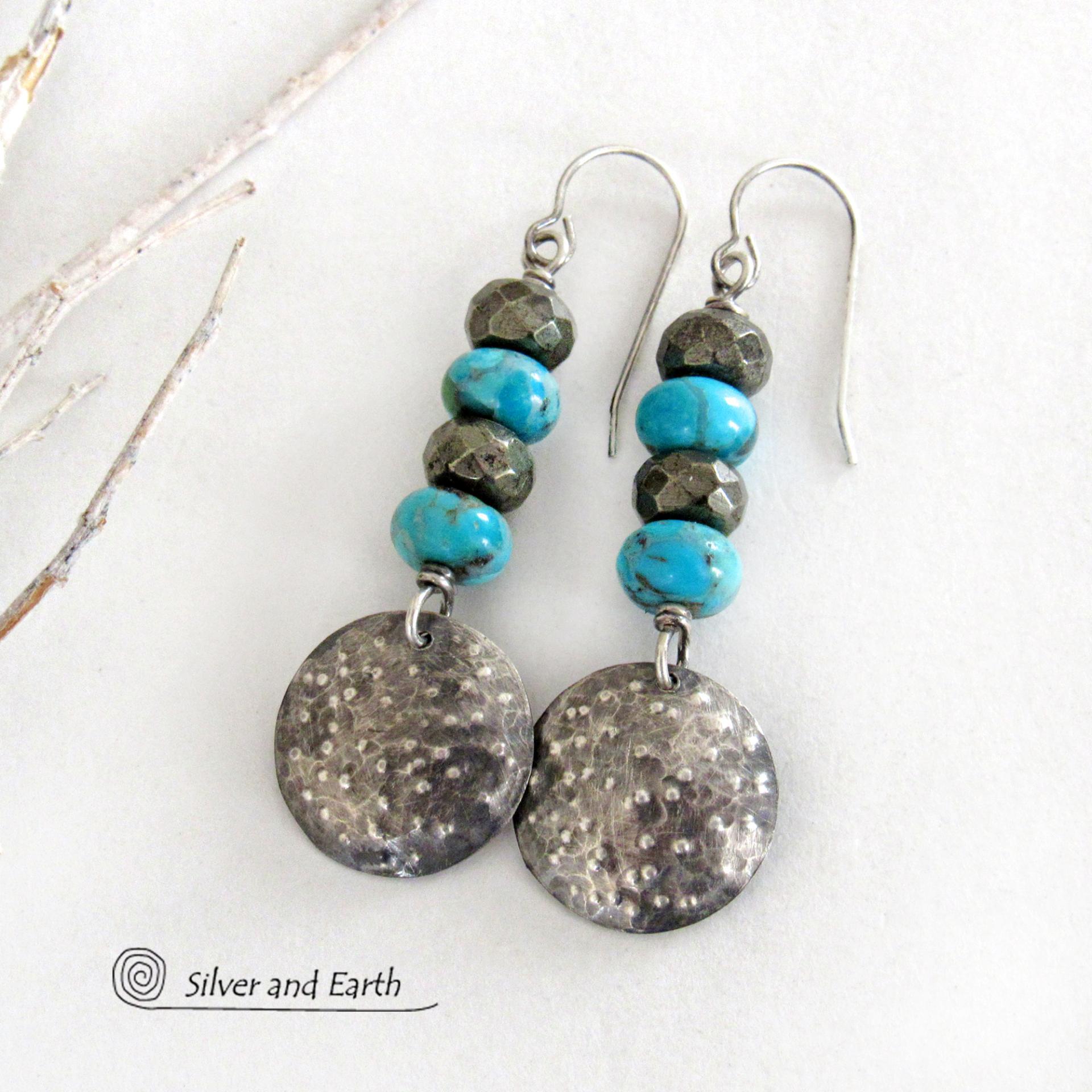 Rustic Hammered Sterling Silver and Turquoise Earrings with Pyrite Stones - Artisan Handmade Earthy Modern Sterling Jewelry