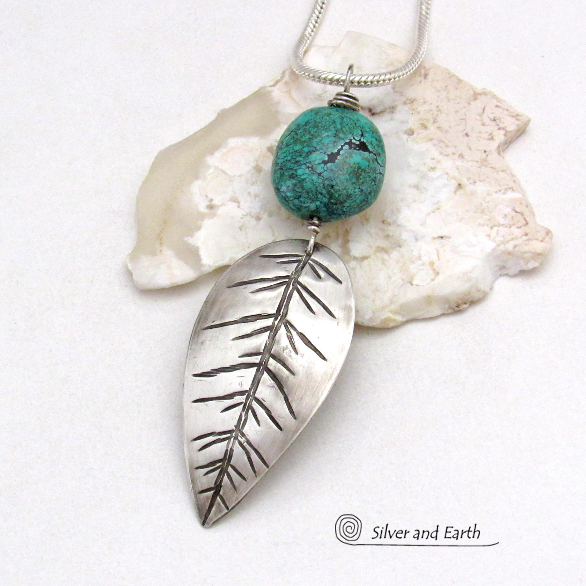 Sterling Silver Feather Necklace with Turquoise - Modern Southwestern Jewelry