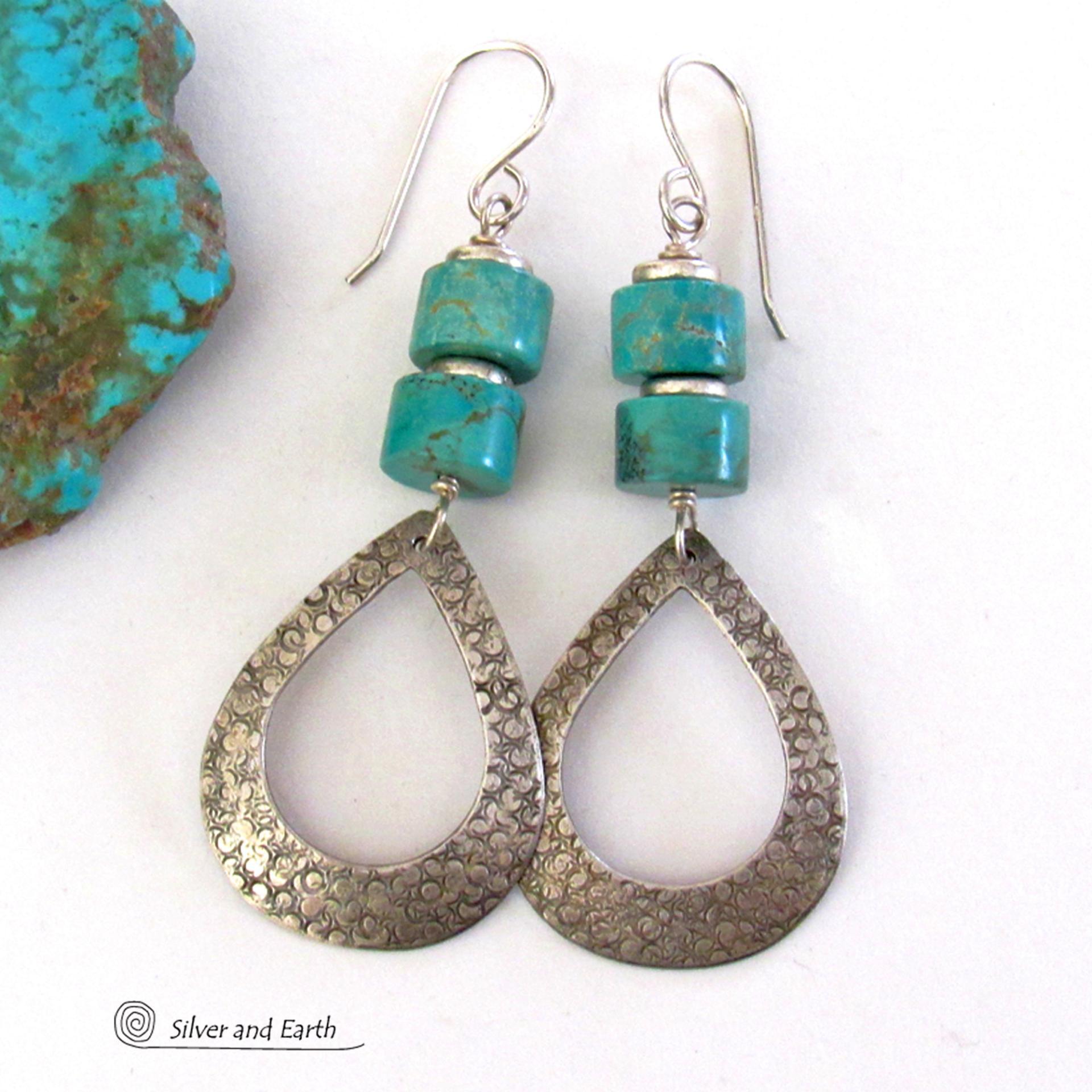 These handcrafted earrings feature textured sterling silver hoop dangles accented with a stack of turquoise stones. They have a modern, chic flair and will look great with all wardrobe styles. Tiny pewter beads were added as an accent. Earrings are lightweight and comfortable to wear. Handmade in the USA by Silver and Earth jewelry.