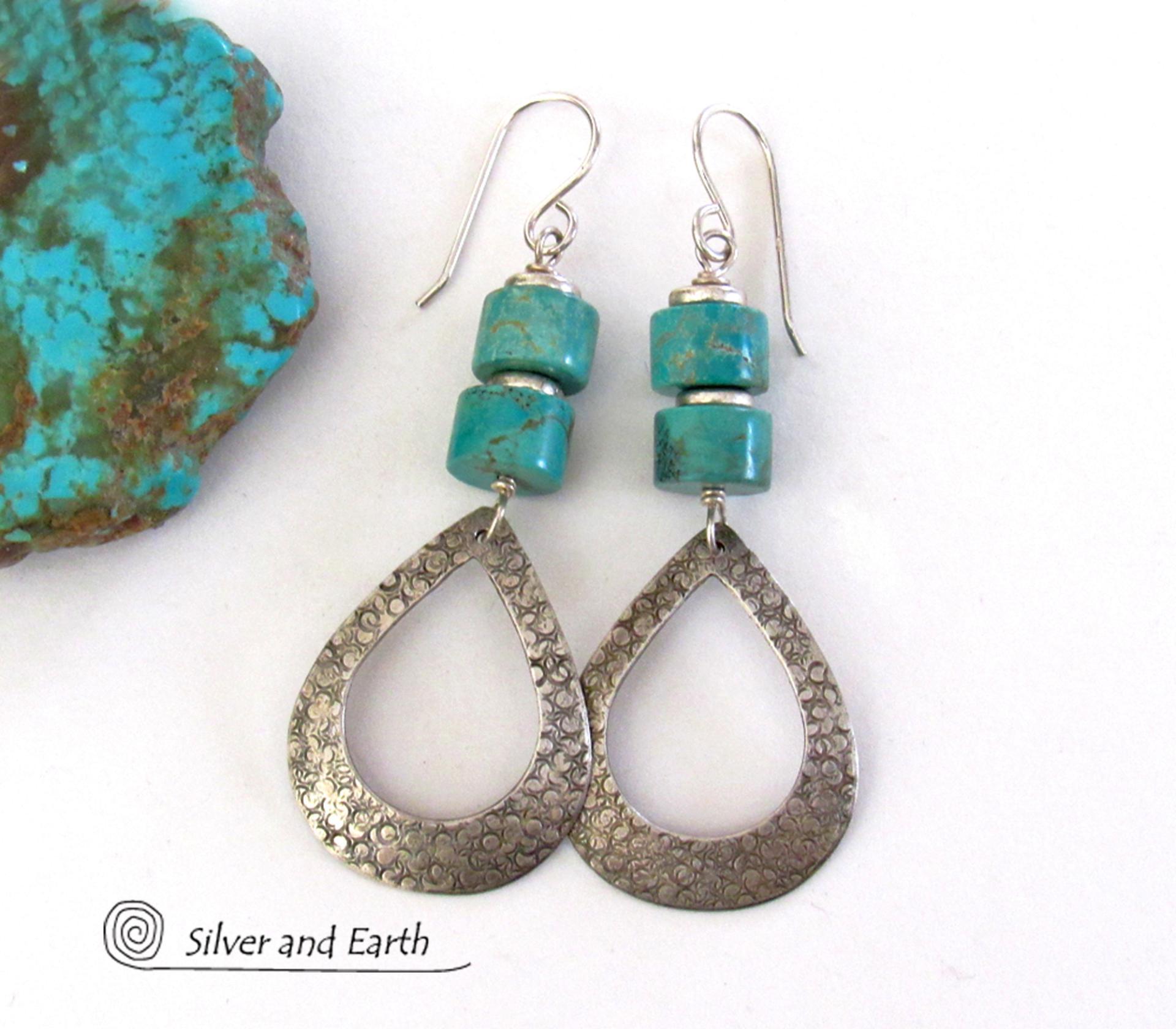These handcrafted earrings feature textured sterling silver hoop dangles accented with a stack of turquoise stones. They have a modern, chic flair and will look great with all wardrobe styles. Tiny pewter beads were added as an accent. Earrings are lightweight and comfortable to wear. Handmade in the USA by Silver and Earth jewelry.
