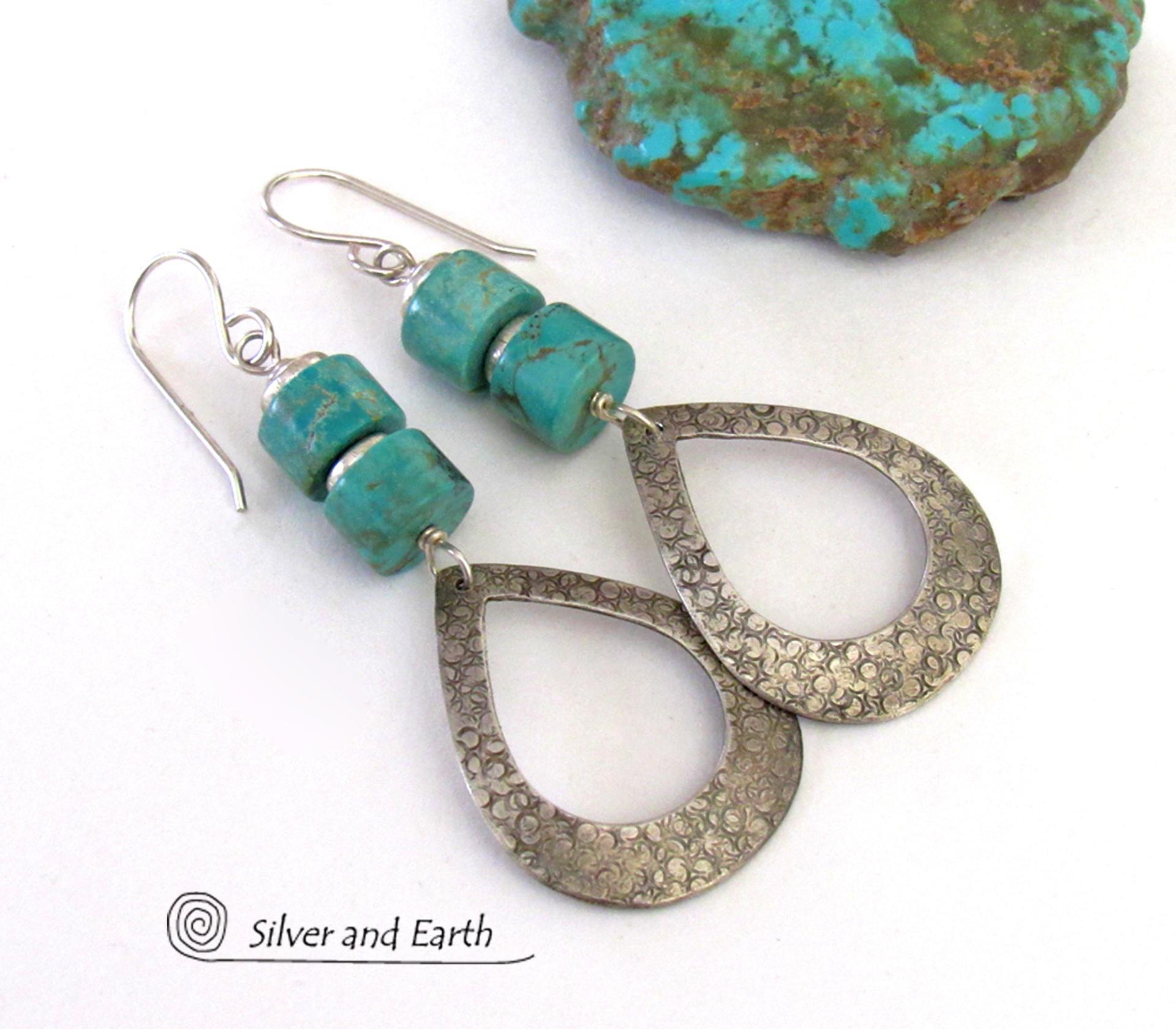 These handcrafted earrings feature textured sterling silver hoop dangles accented with a stack of turquoise stones. They have a modern, chic flair and will look great with all wardrobe styles. Tiny pewter beads were added as an accent. Earrings are lightweight and comfortable to wear. Handmade in the USA by Silver and Earth jewelry.