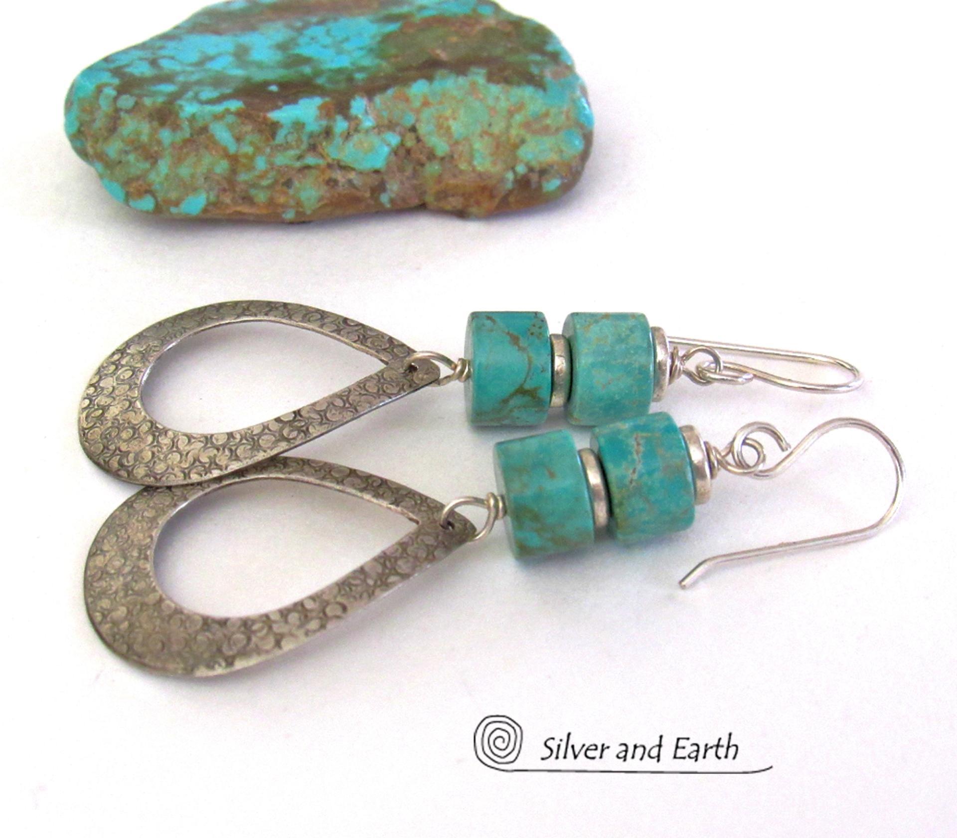 These handcrafted earrings feature textured sterling silver hoop dangles accented with a stack of turquoise stones. They have a modern, chic flair and will look great with all wardrobe styles. Tiny pewter beads were added as an accent. Earrings are lightweight and comfortable to wear. Handmade in the USA by Silver and Earth jewelry.