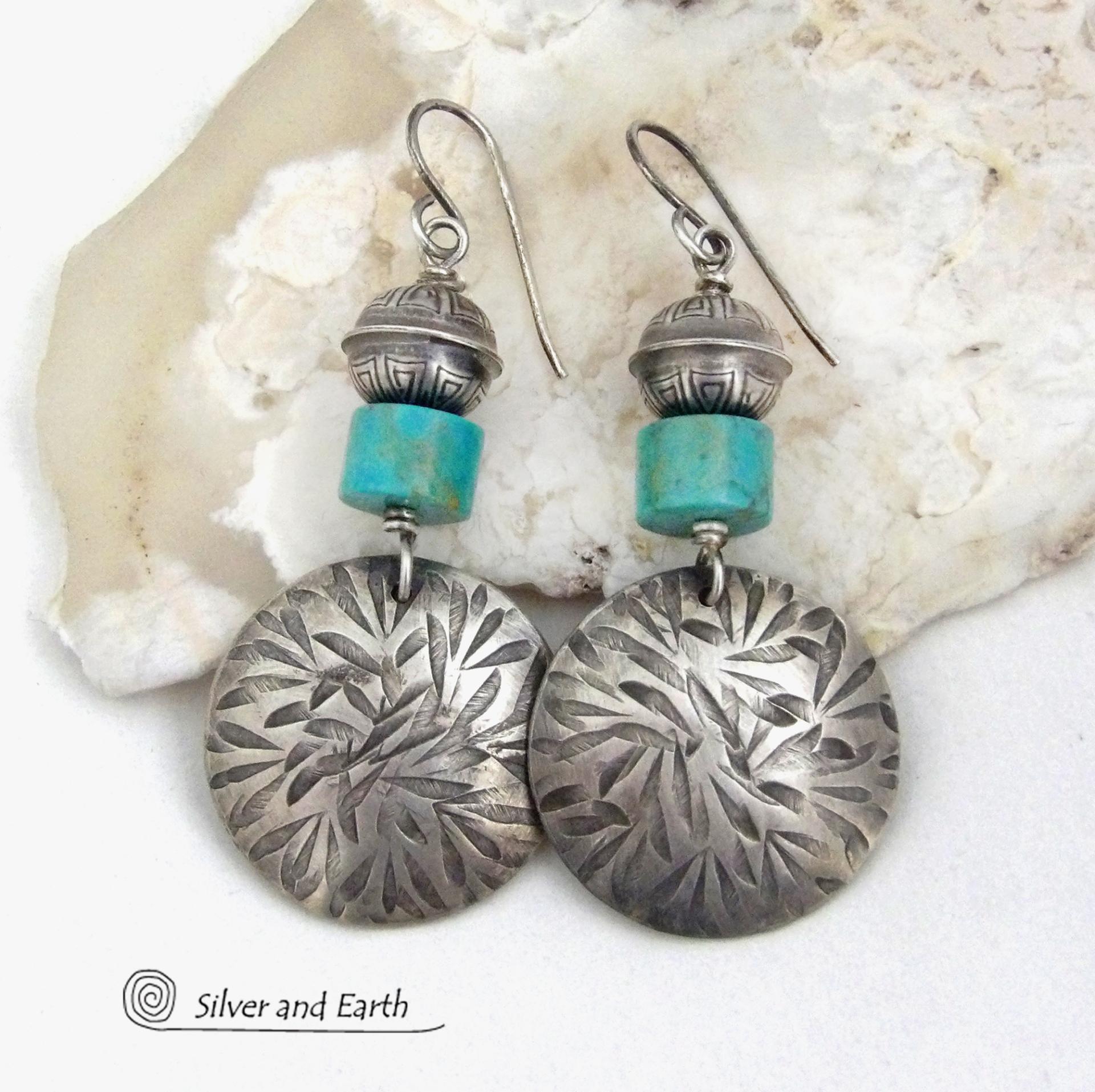 Hand Stamped Sterling Silver Earrings with Turquoise and Sterling Beads - Modern Southwestern Style Jewelry 