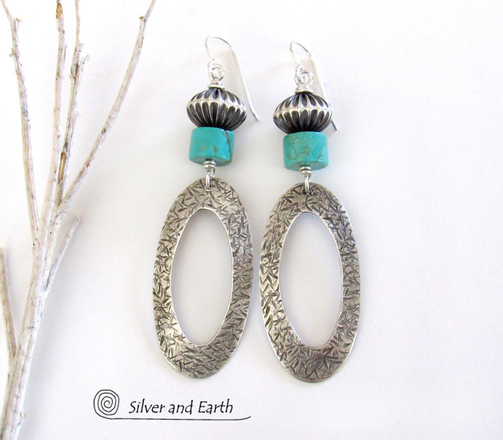 Sterling Silver Hoop Earrings with Turquoise - Modern Southwest Silver & Turquoise Jewelry