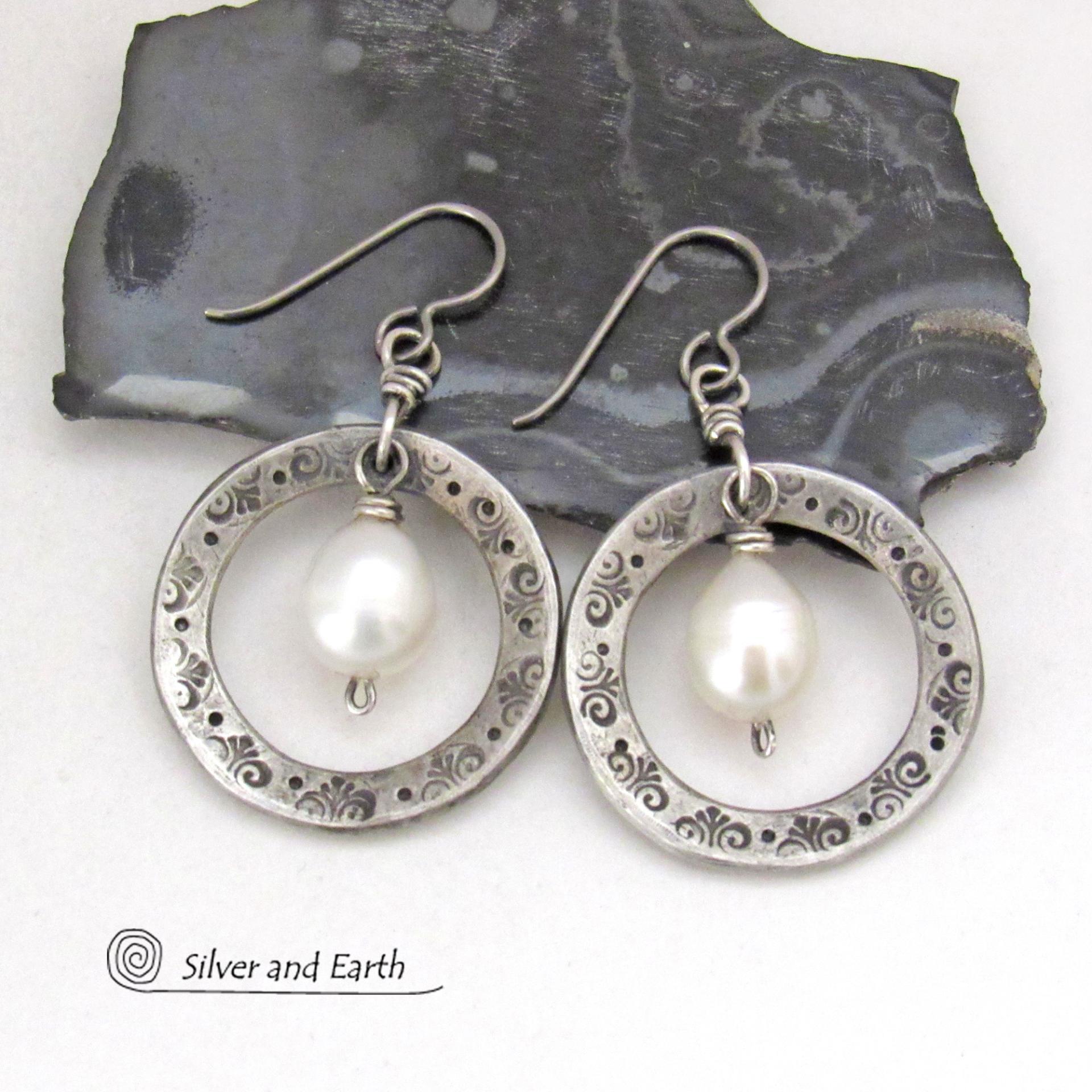 Hand Stamped Silver Pewter Circle Hoop Earrings with White Freshwater Pearls - Artisan Handcrafted Chic Modern Jewelry