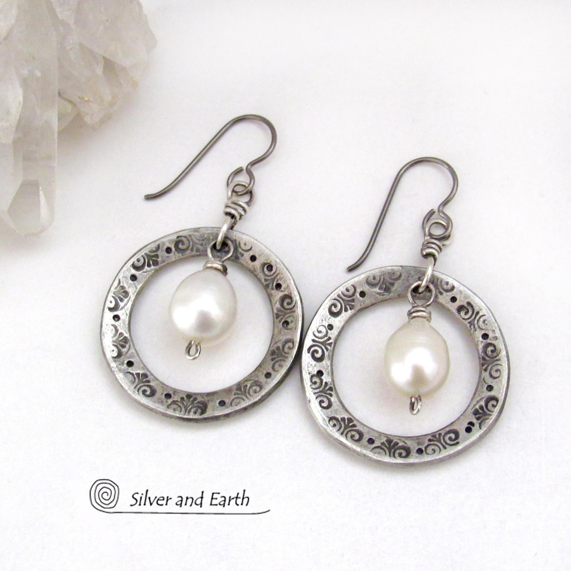 Hand Stamped Silver Pewter Circle Hoop Earrings with White Freshwater Pearls - Artisan Handcrafted Chic Modern Jewelry