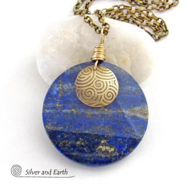 Blue Lapis Lazuli Gemstone Necklace with Spiral Textured Gold Brass - Bold Unique One of a Kind Egyptian Style Statement Jewelry 