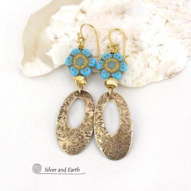 Gold Brass Dangle Earrings with Turquoise Flower Beads - Earthy Modern Nature Jewelry 