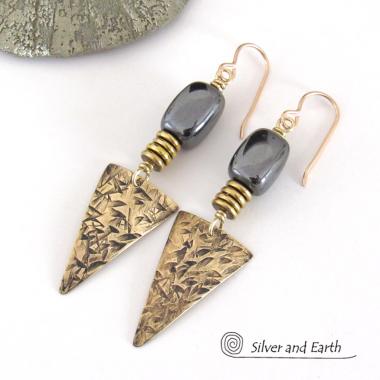 Gold Brass Triangle Earrings with Hematite Gemstones - Geometric Modern Contemporary Style Jewelry