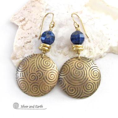 Gold Brass Spiral Earrings with Faceted Blue Lapis Lazuli Gemstones - Bold Exotic Egyptian Inspired Jewelry