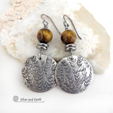 Silver Pewter Nature Earrings with Hand Stamped Leaf Texture and Brown Tiger's Eye Gemstones